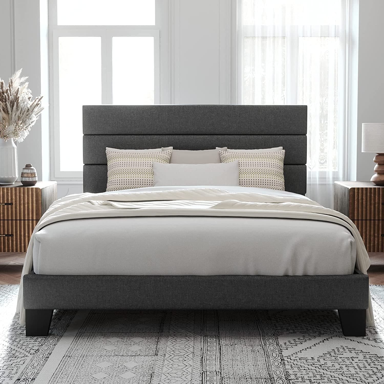Allewie Queen Size Platform Bed Frame with Fabric Upholstered Headboard, No Box Spring Needed