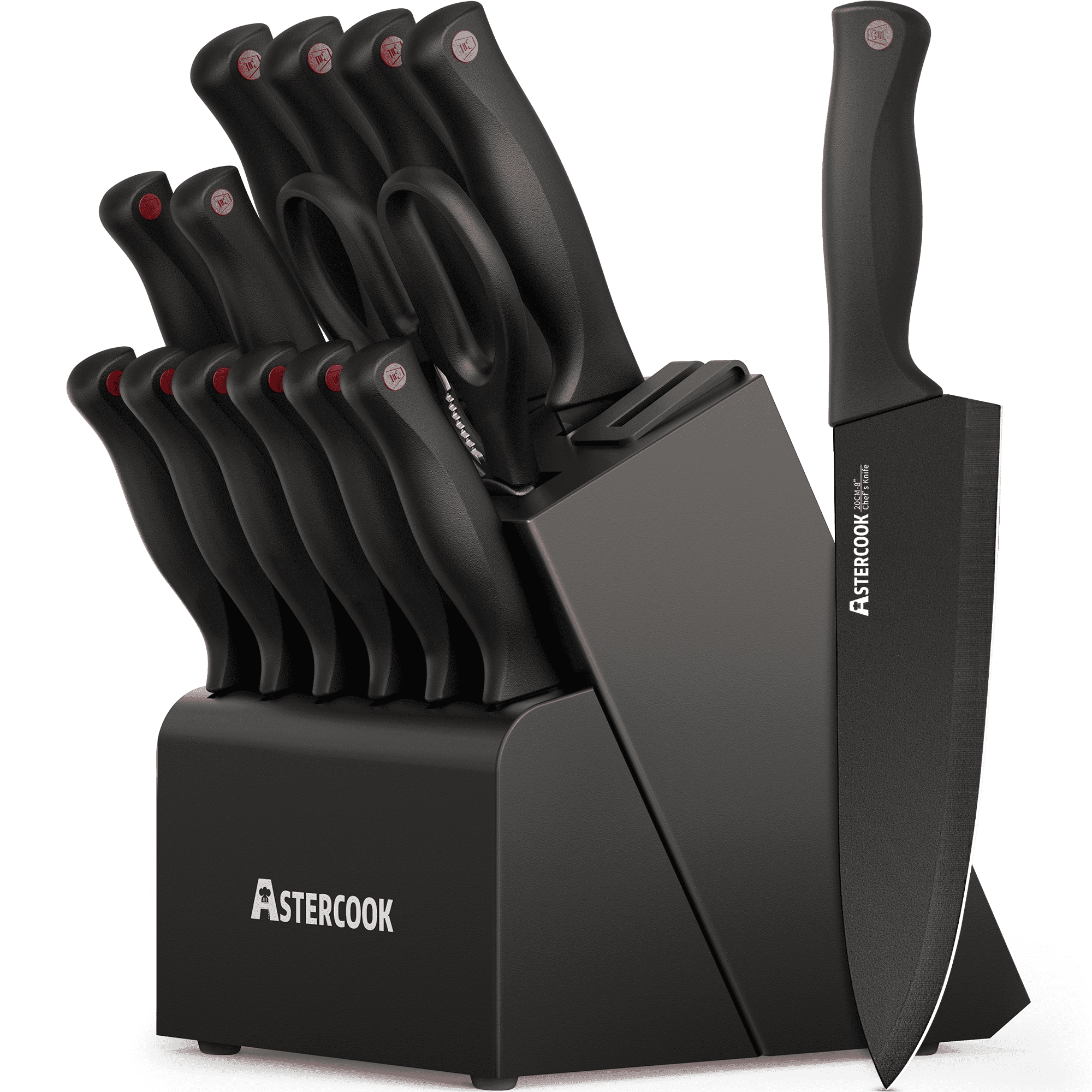 Astercook 14-Piece Kitchen Knife Set, Knives Block Set with Built-in Sharpener, Healthy Anti-Rust Coating & German Stainless Steel Knife Set, Dishwasher Safe Black