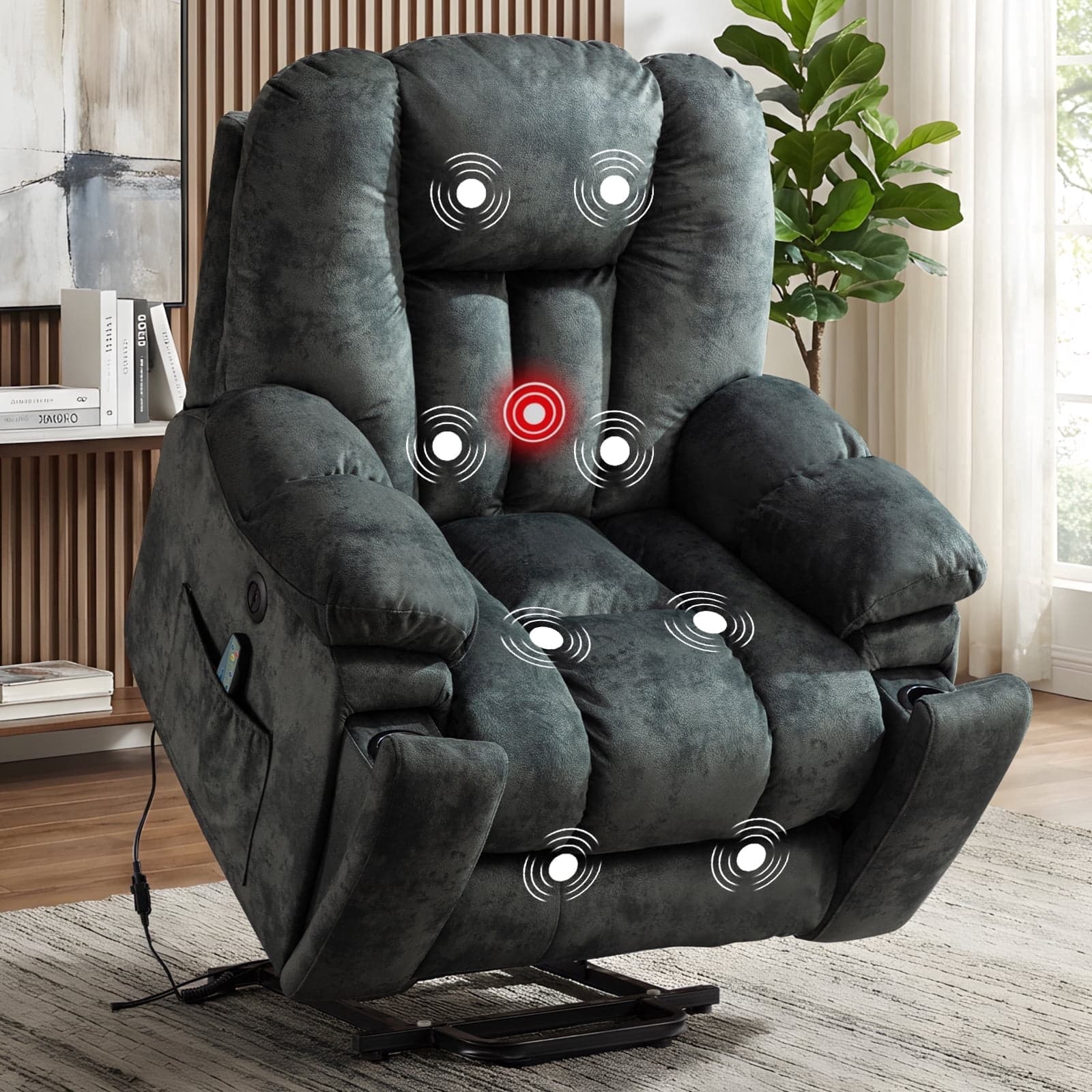 Ebello Large Power Lift Recliner Chair with Heat Massage, USB Ports - Ergonomic Recliner Chair for Elderly, Greenish Gray