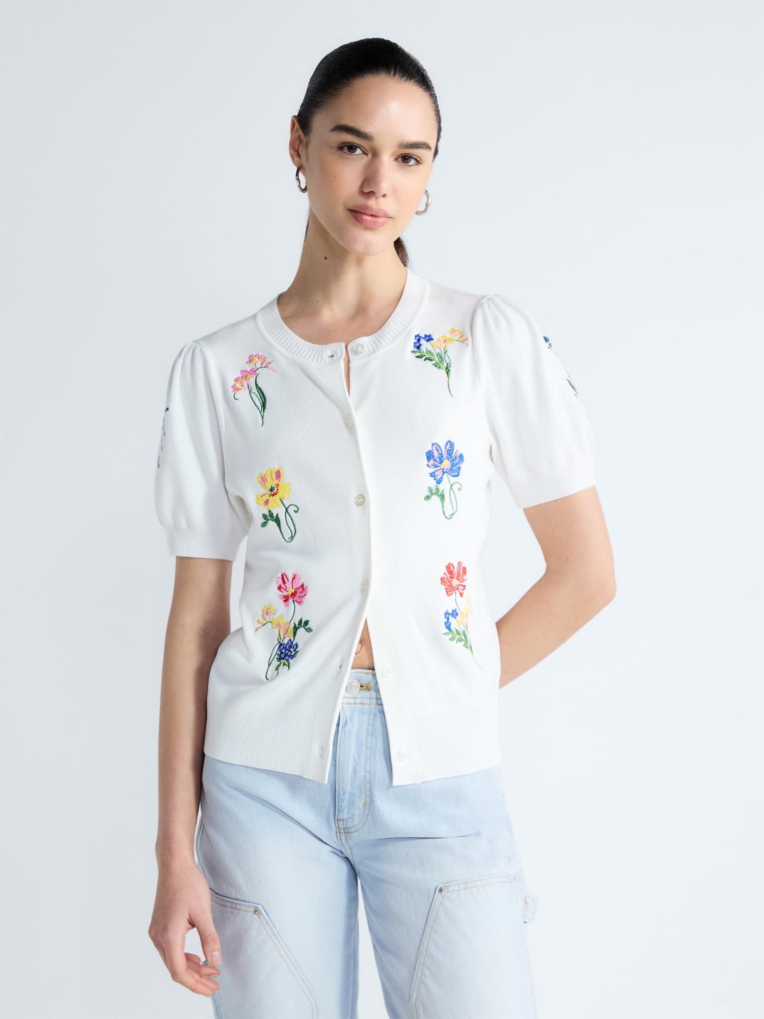 Free Assembly Women's and Women's Plus Embroidered Cardigan Sweater with Puff Sleeves, Lightweight